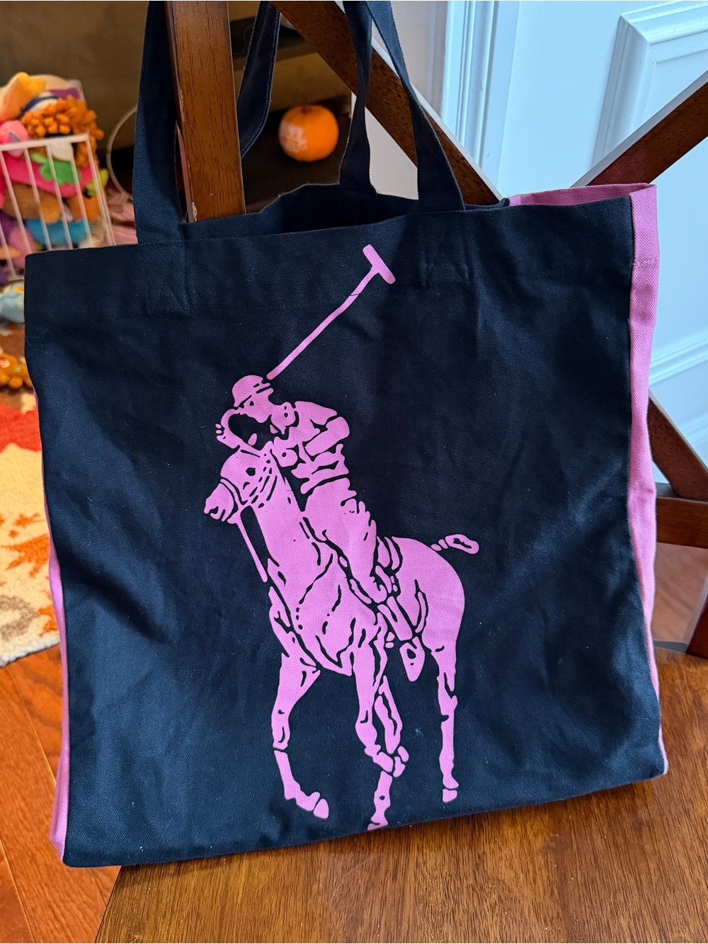 Polo by Ralph Lauren Black Canvas Tote with Pink Polo Player Graphic 2000